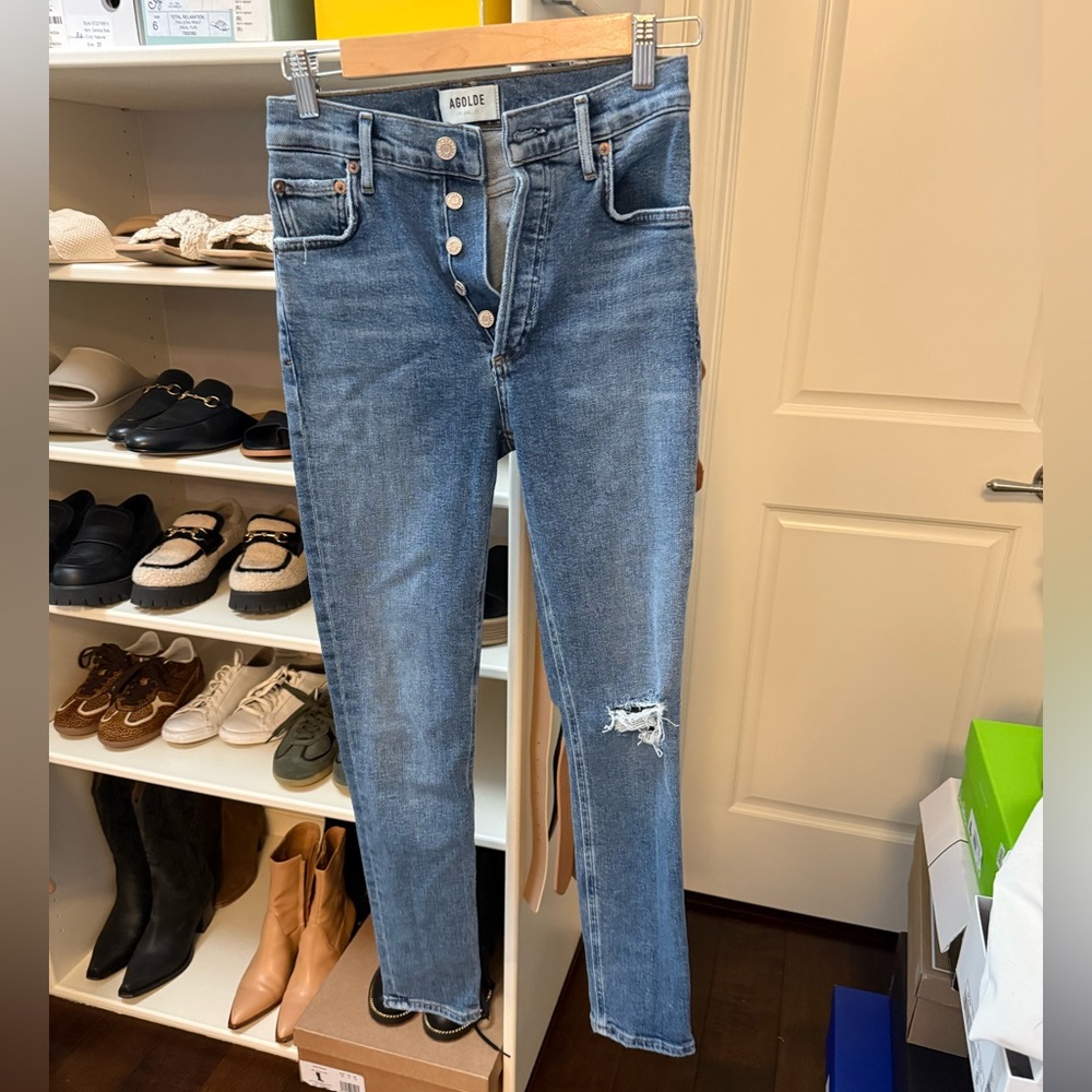 Agolde Blue Skinny Jeans with Distressed Detail